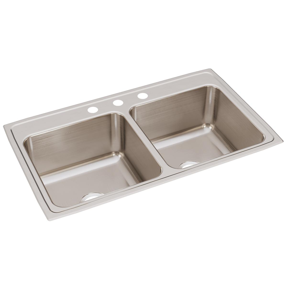 Stainless steel drop-in sink with two equal rectangular bowls and three faucet holes along the rim.