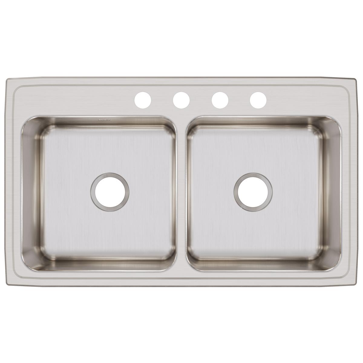 Stainless steel drop-in sink with two equal bowls and four pre-drilled holes in the rim for faucet installation.