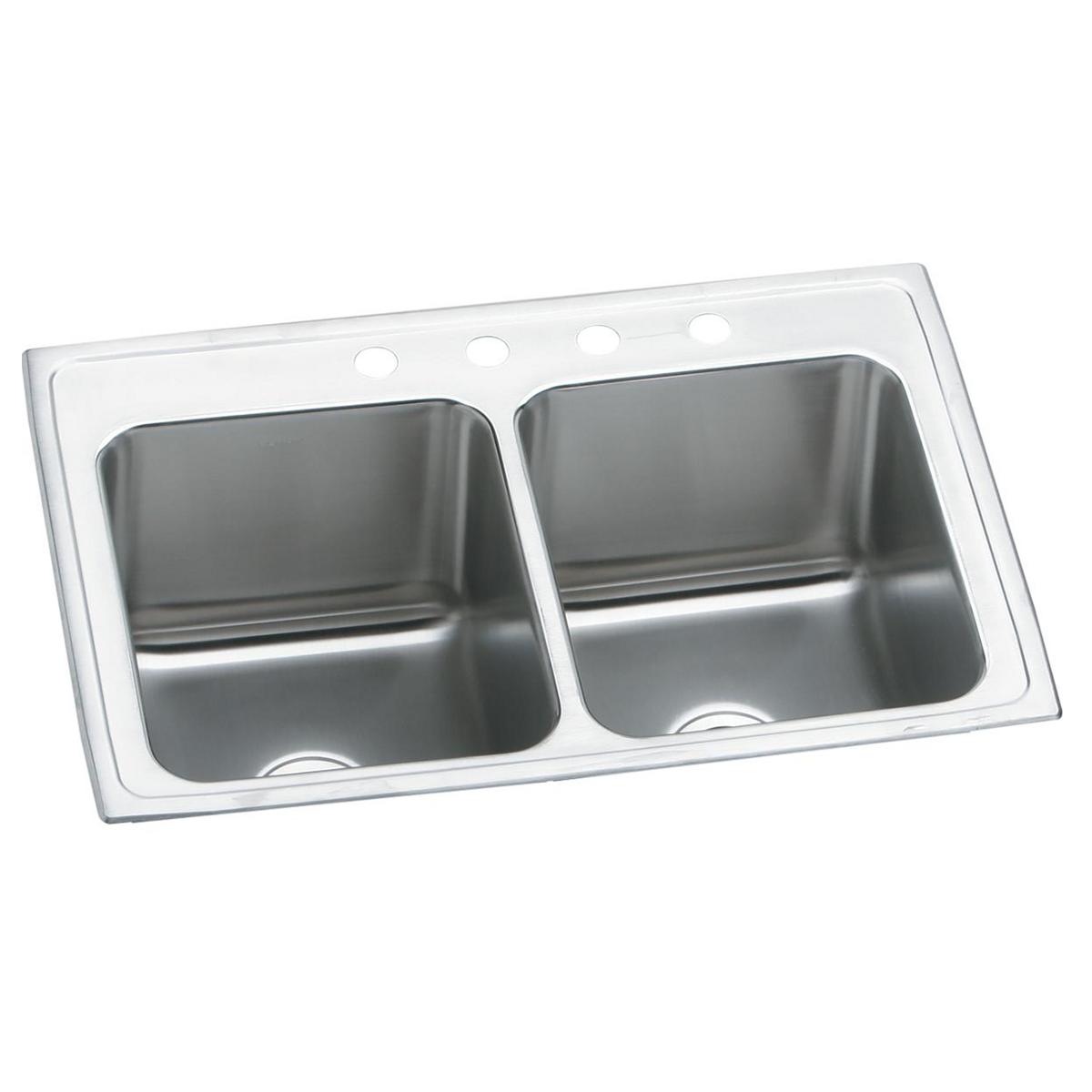 Stainless steel drop-in sink with two equal bowls, white rim, and three faucet holes across top edge.