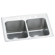 Stainless steel double bowl drop-in sink with three holes and equal-sized basins.