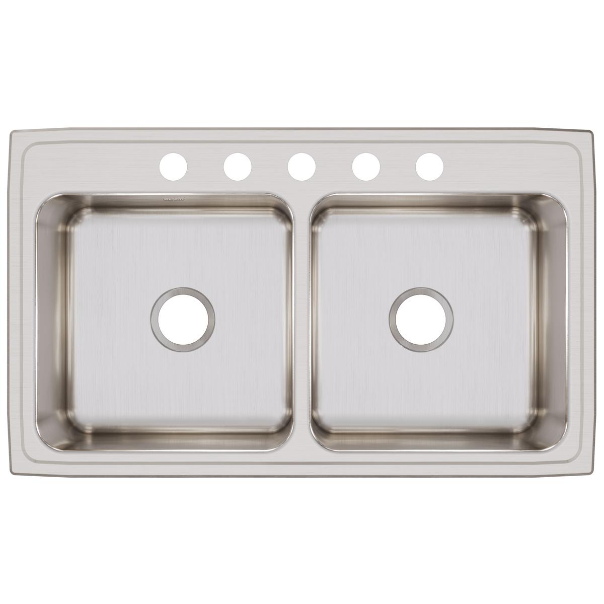 Stainless steel double bowl drop-in sink with five holes across the rim and drain openings in each bowl.