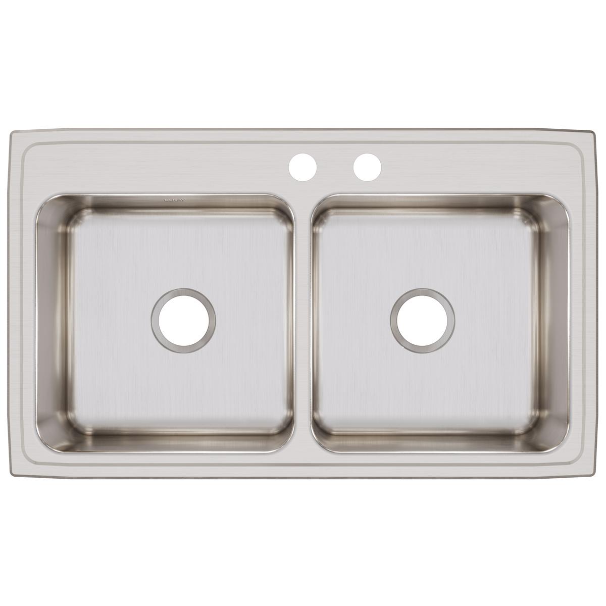 Stainless steel drop-in sink with two equal bowls, faucet holes, and drain holes visible from above.