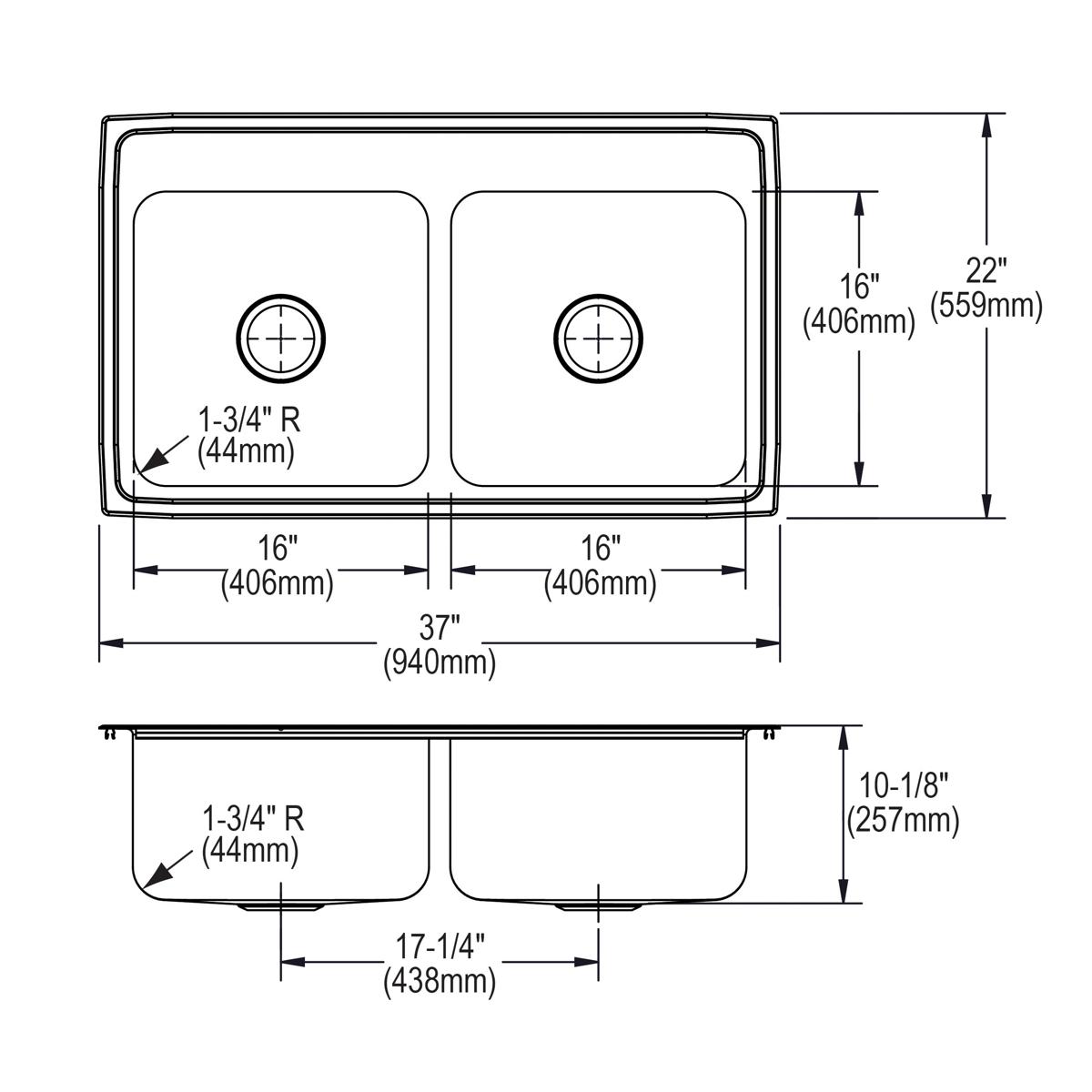 Stainless steel double bowl drop-in sink with two equal-sized rectangular basins and four pre-drilled holes, shown in top and