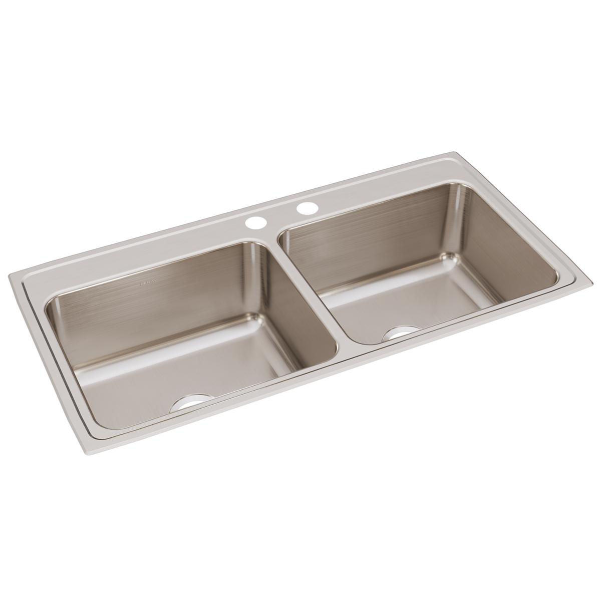 Stainless steel drop-in sink with two equal rectangular bowls and faucet holes on rim.