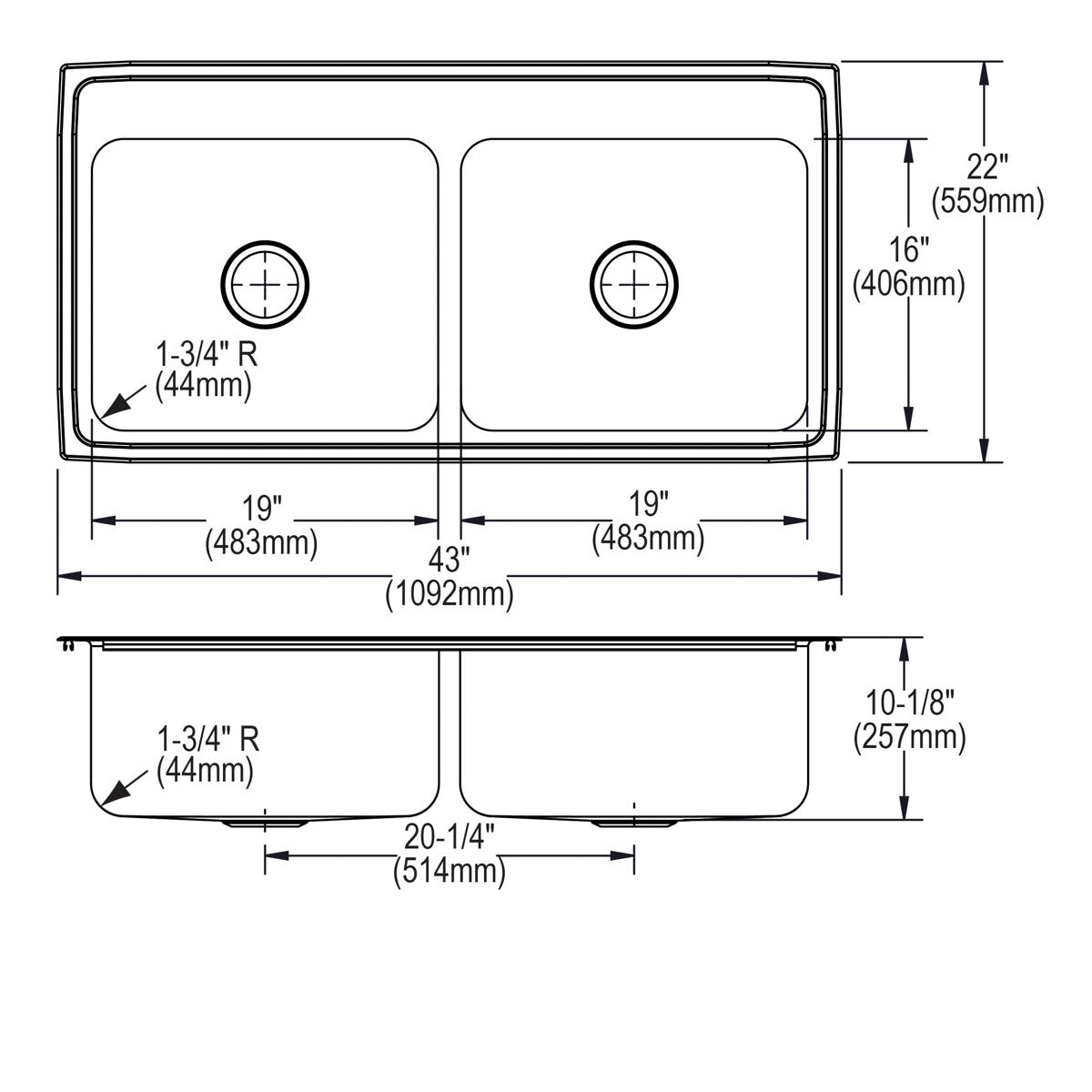 Stainless steel double bowl drop-in sink with two equal rectangular basins and drain holes, top and side views with dimension