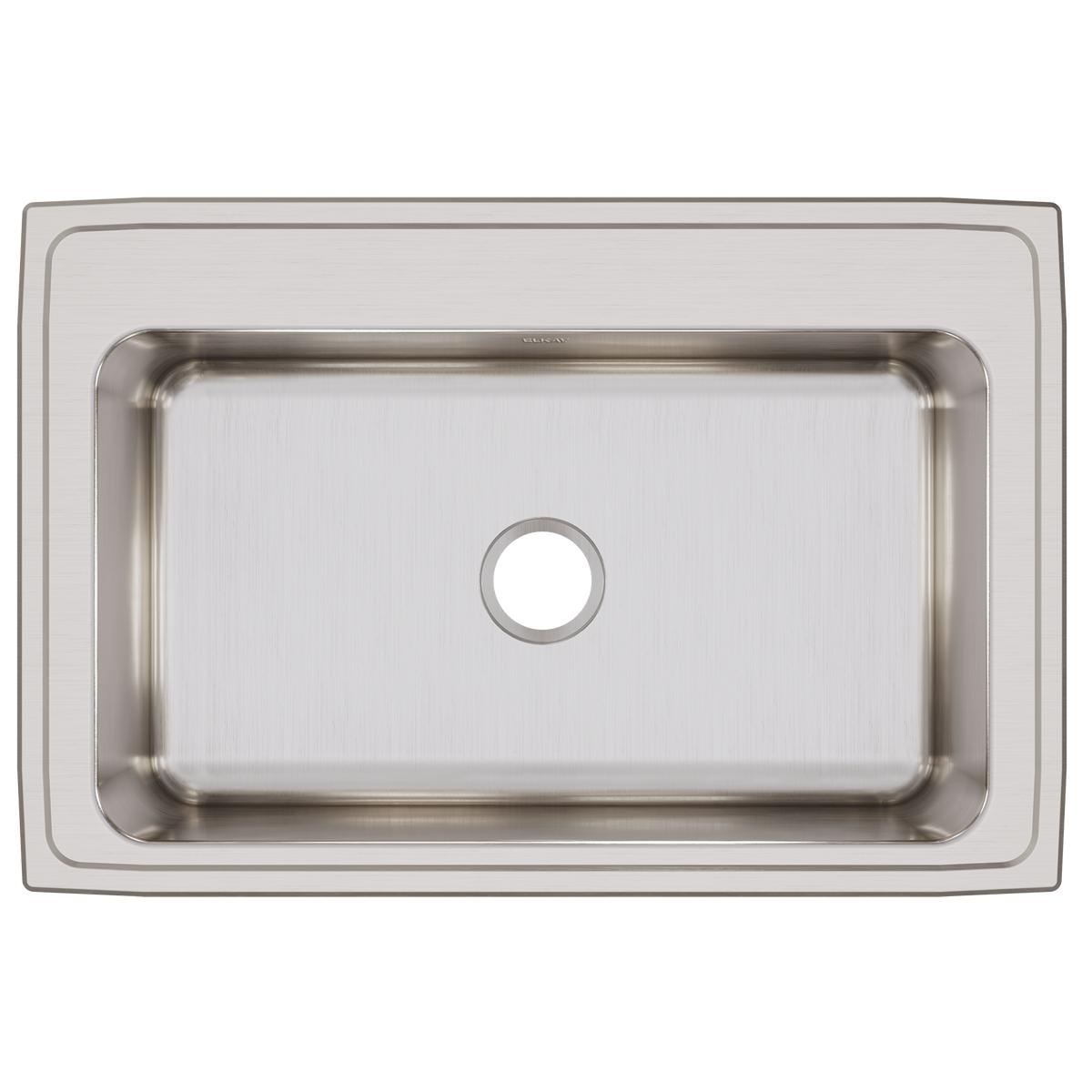 Stainless steel drop-in sink with single rectangular bowl and faucet hole, viewed from above.
