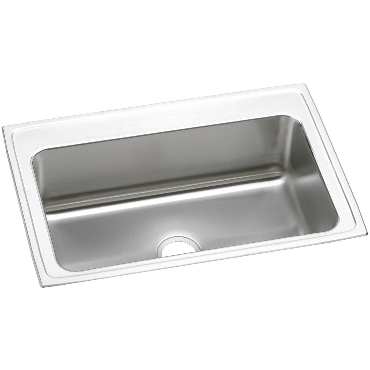 Stainless steel drop-in kitchen sink with single rectangular bowl and white rim, drain hole visible.