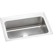 Stainless steel drop-in kitchen sink with single rectangular bowl and white rim, drain hole visible.