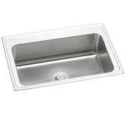 Stainless steel drop-in sink with single bowl, three faucet holes, and drain visible in basin.