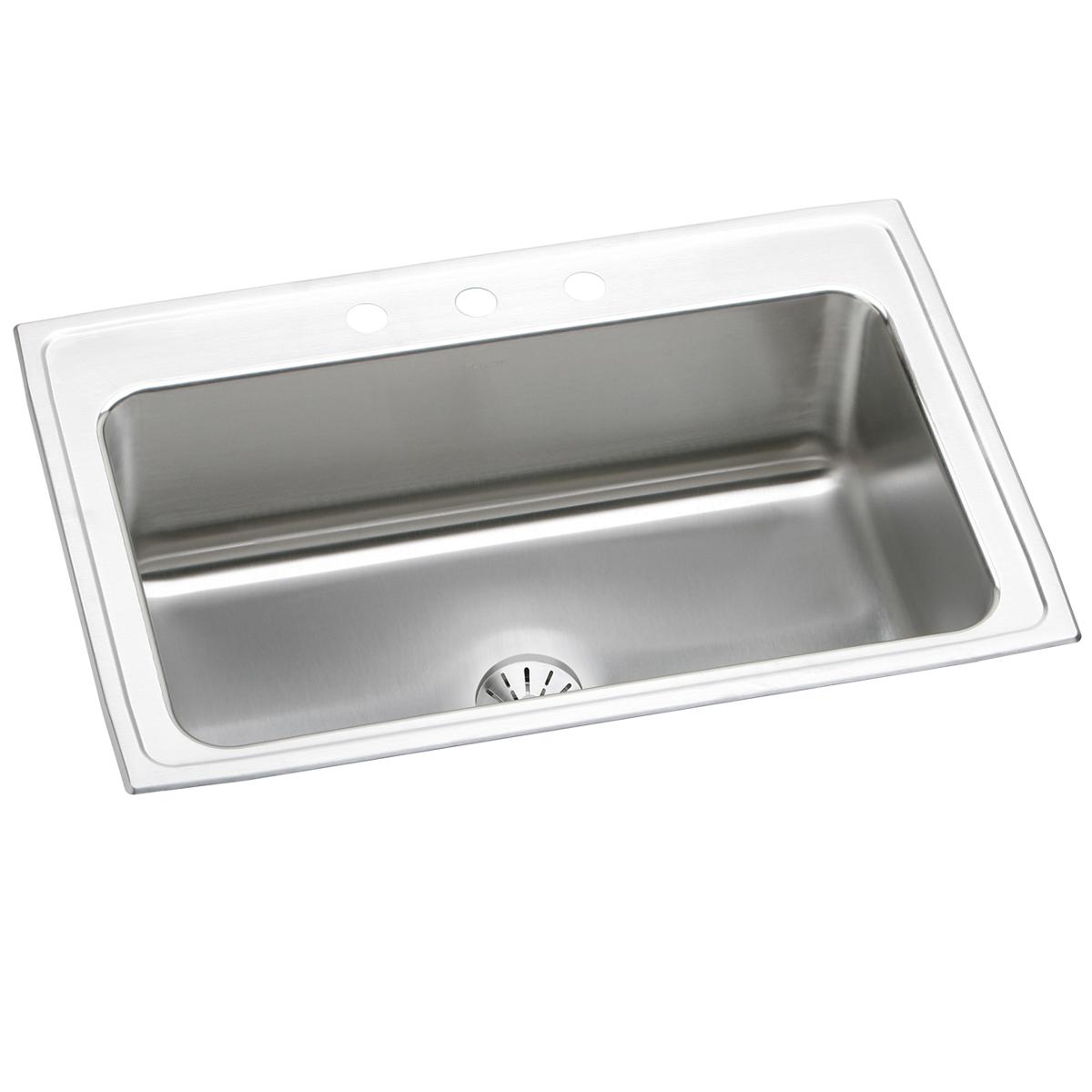 Stainless steel drop-in kitchen sink with single bowl, two faucet holes, and drain strainer visible.