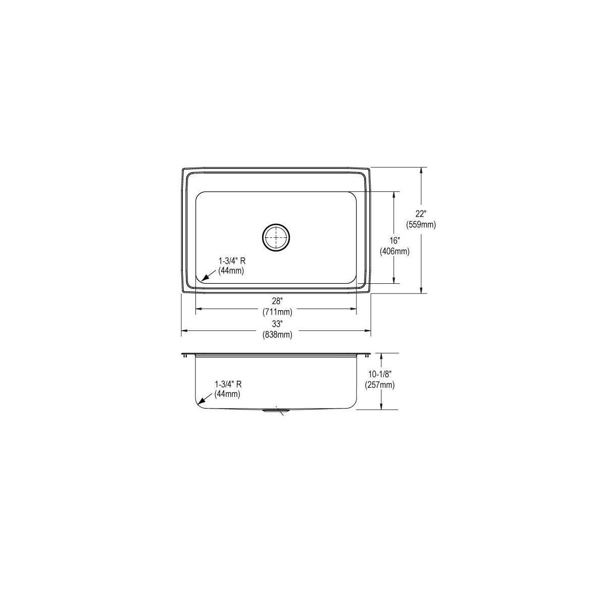 Stainless steel drop-in sink with single bowl, rounded corners, and center drain shown in top and side views with dimensions.