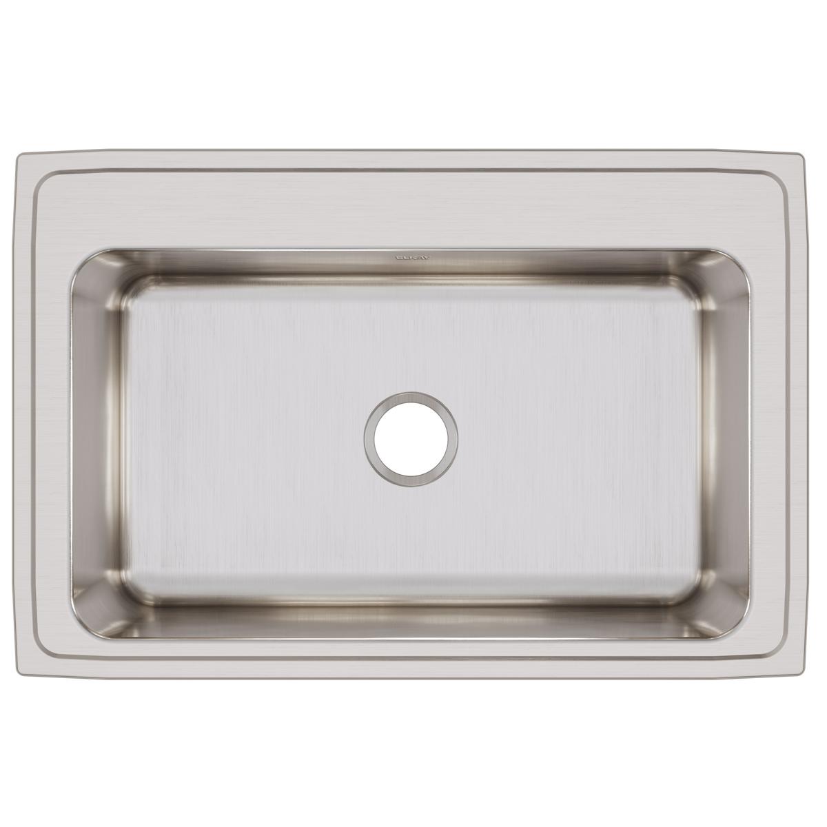 Stainless steel drop-in sink with single rectangular bowl and brushed finish, viewed from above.