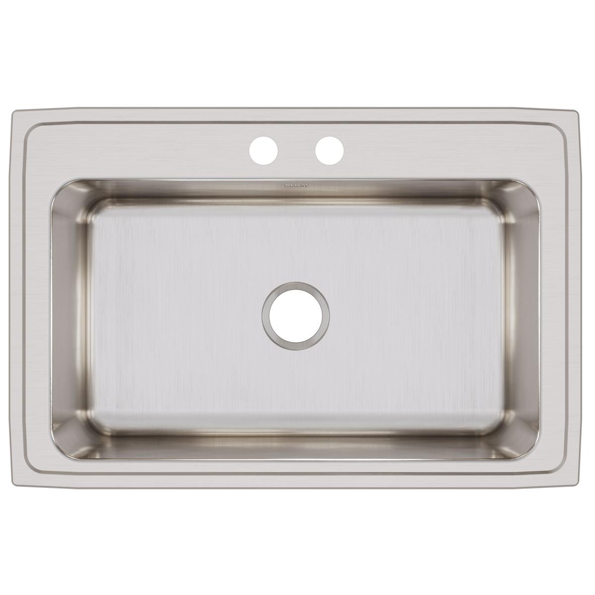 Stainless steel drop-in sink with single bowl and two pre-drilled holes for faucet mounting on rim.