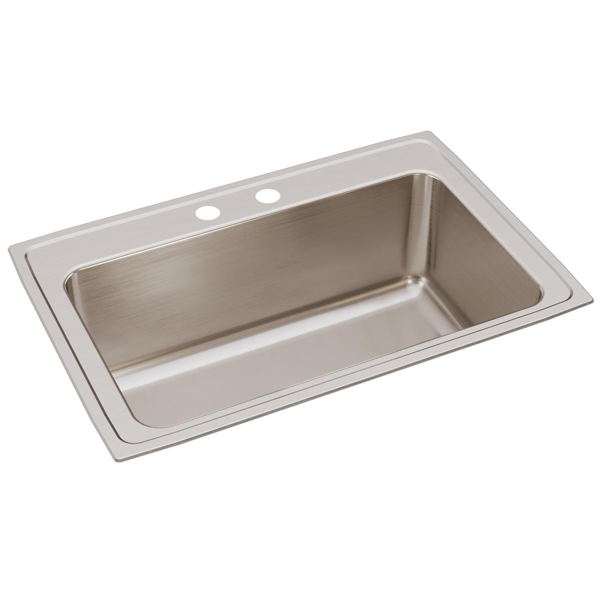 Stainless steel drop-in kitchen sink with single bowl and two pre-drilled holes on brushed surface rim.