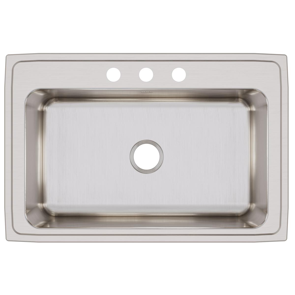 Stainless steel drop-in sink with single bowl and three pre-drilled holes along the rim for faucet mounting.
