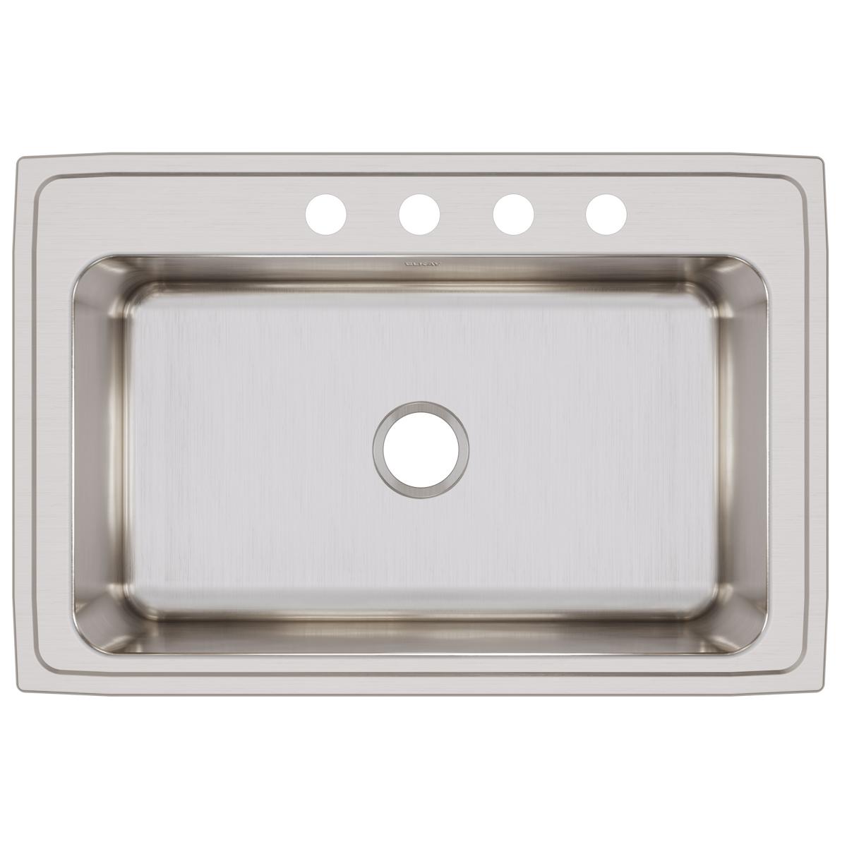 Stainless steel drop-in sink with single bowl and four mounting holes across the rim.