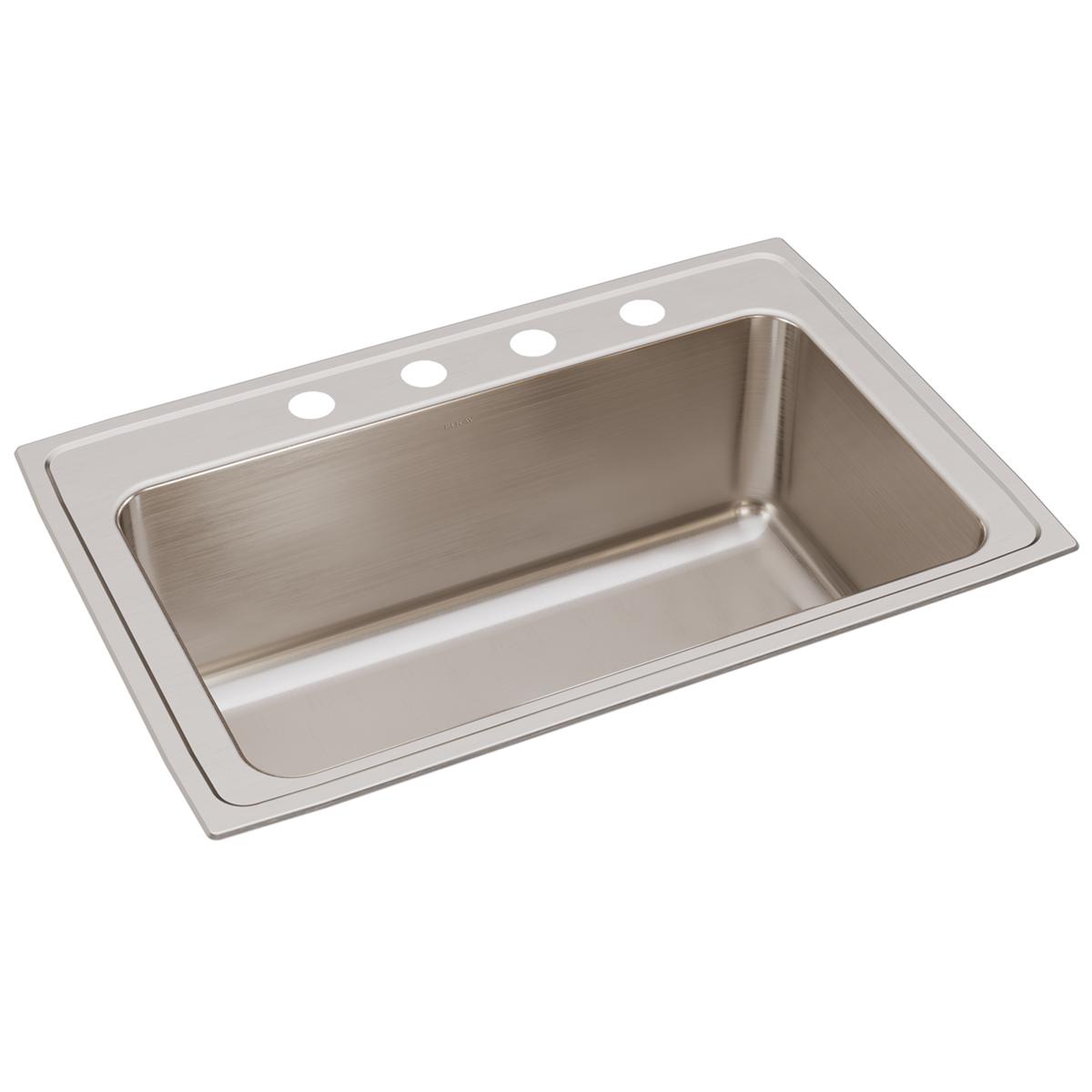 Stainless steel single bowl drop-in sink with four holes drilled along the rim for faucet installation.