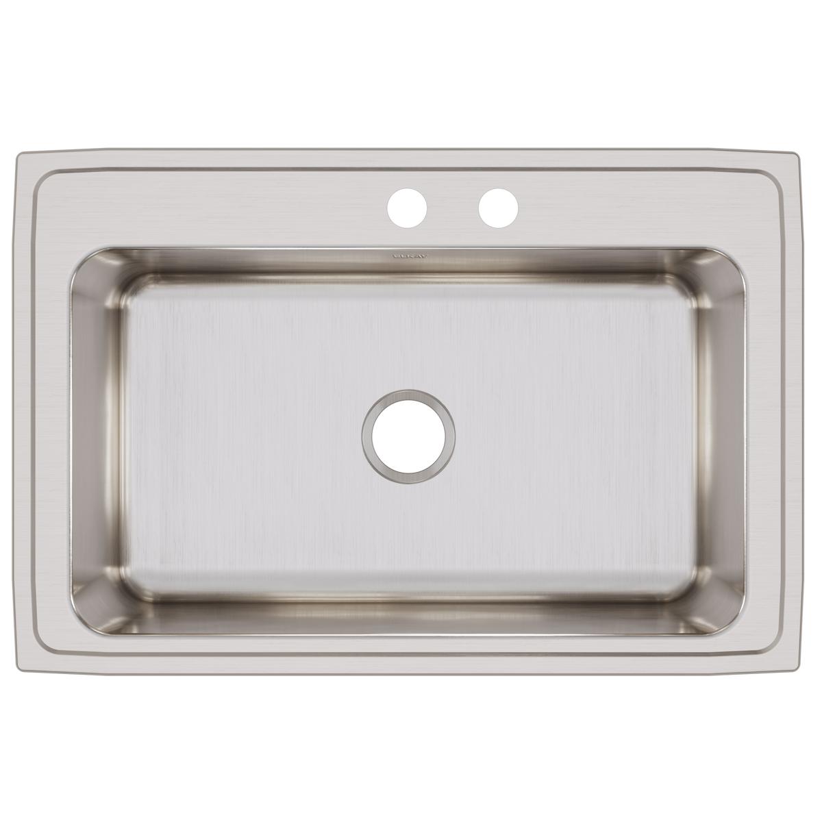Stainless steel drop-in sink with single bowl, two faucet holes on rim, and brushed finish surface.