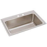 Stainless steel drop-in sink with single rectangular bowl and two faucet holes on the rim.