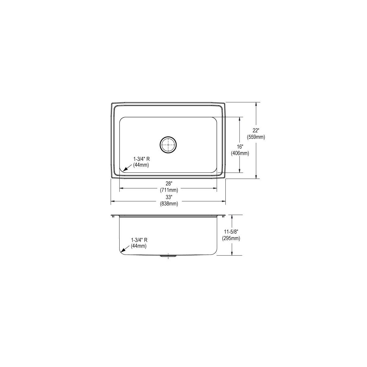 Stainless steel single bowl drop-in sink with one faucet hole and rounded corners, shown in top and side views with dimension