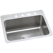 Stainless steel drop-in kitchen sink with single bowl, four mounting holes, and drain visible at bottom.