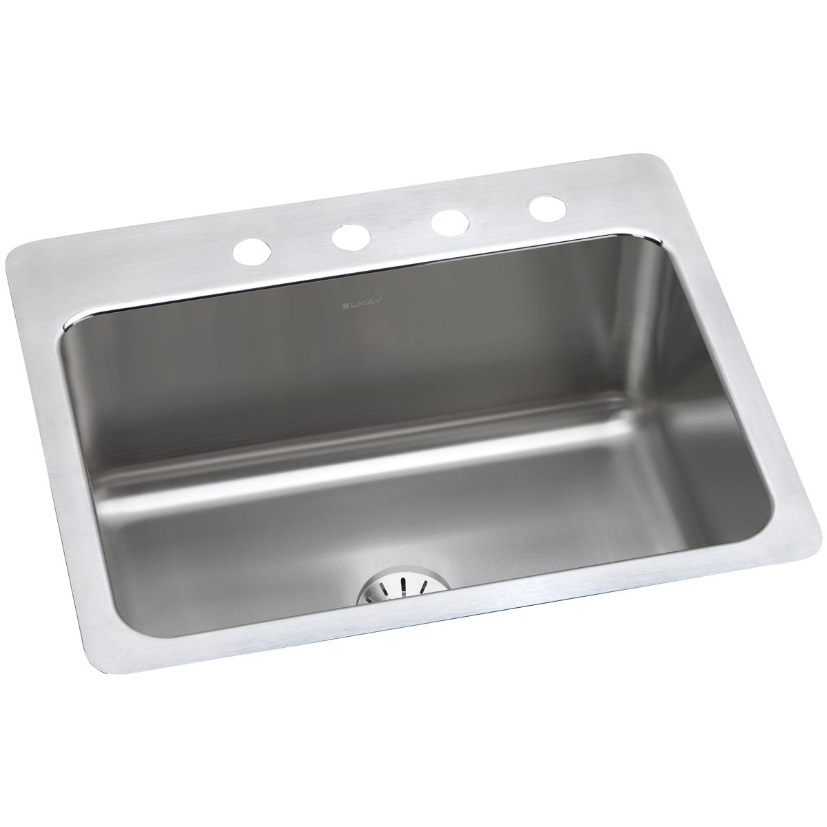 Stainless steel drop-in kitchen sink with single bowl, four mounting holes, and drain visible at bottom.