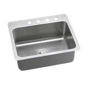 Stainless steel single bowl sink with one faucet hole and drain opening, shown from above angle.