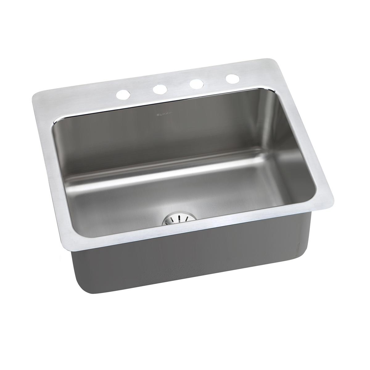 Stainless steel single bowl kitchen sink with two faucet holes and drain visible in basin.
