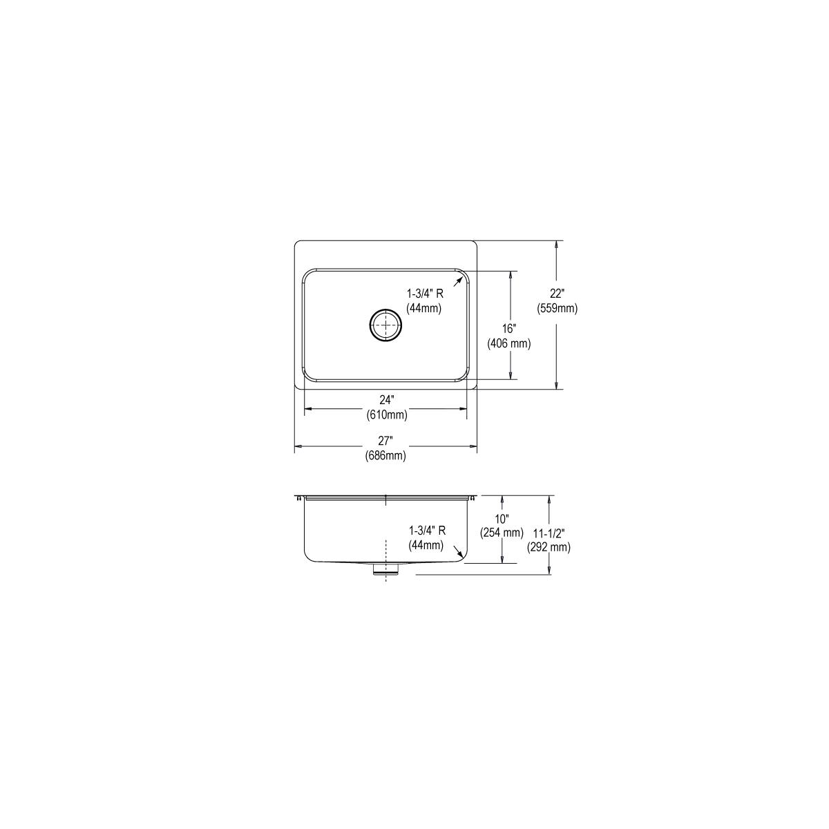 Stainless steel single bowl sink with dimensions 27" x 22" x 10" and 1-hole faucet mount shown in top and side view diagrams.