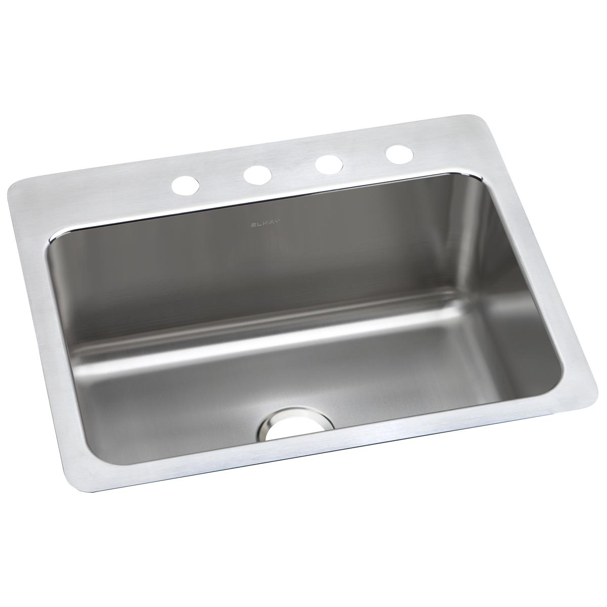 Stainless steel single bowl sink with brushed finish, four faucet holes, and rounded corners.