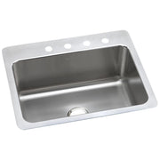 Stainless steel drop-in sink with single bowl and four faucet holes across brushed top rim.