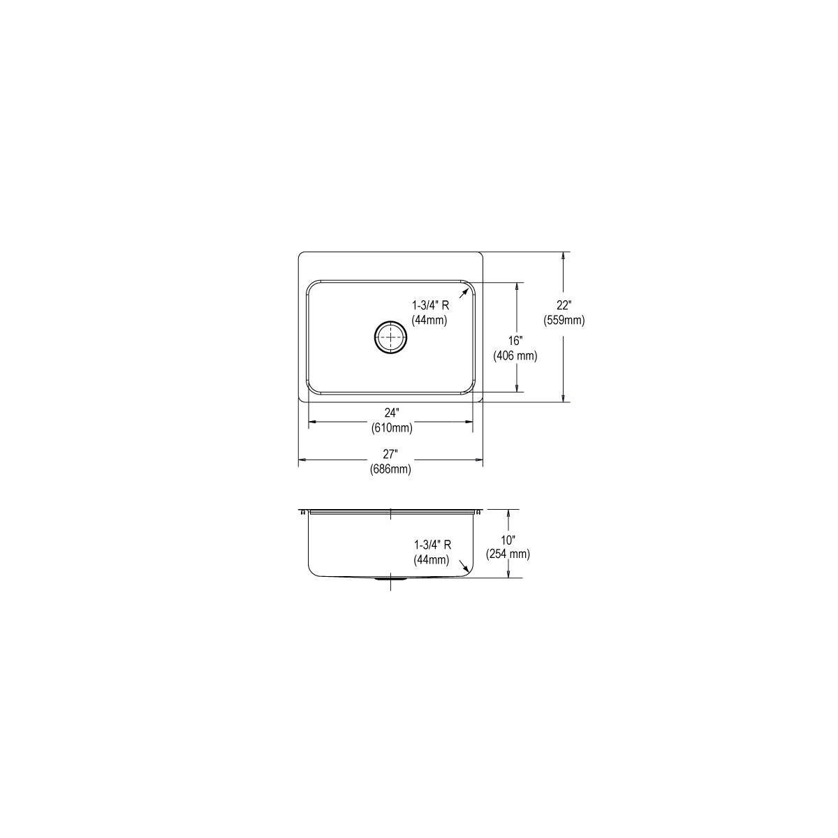 Stainless steel single bowl sink with rounded corners shown in top and side technical drawings with dimensions and drain hole