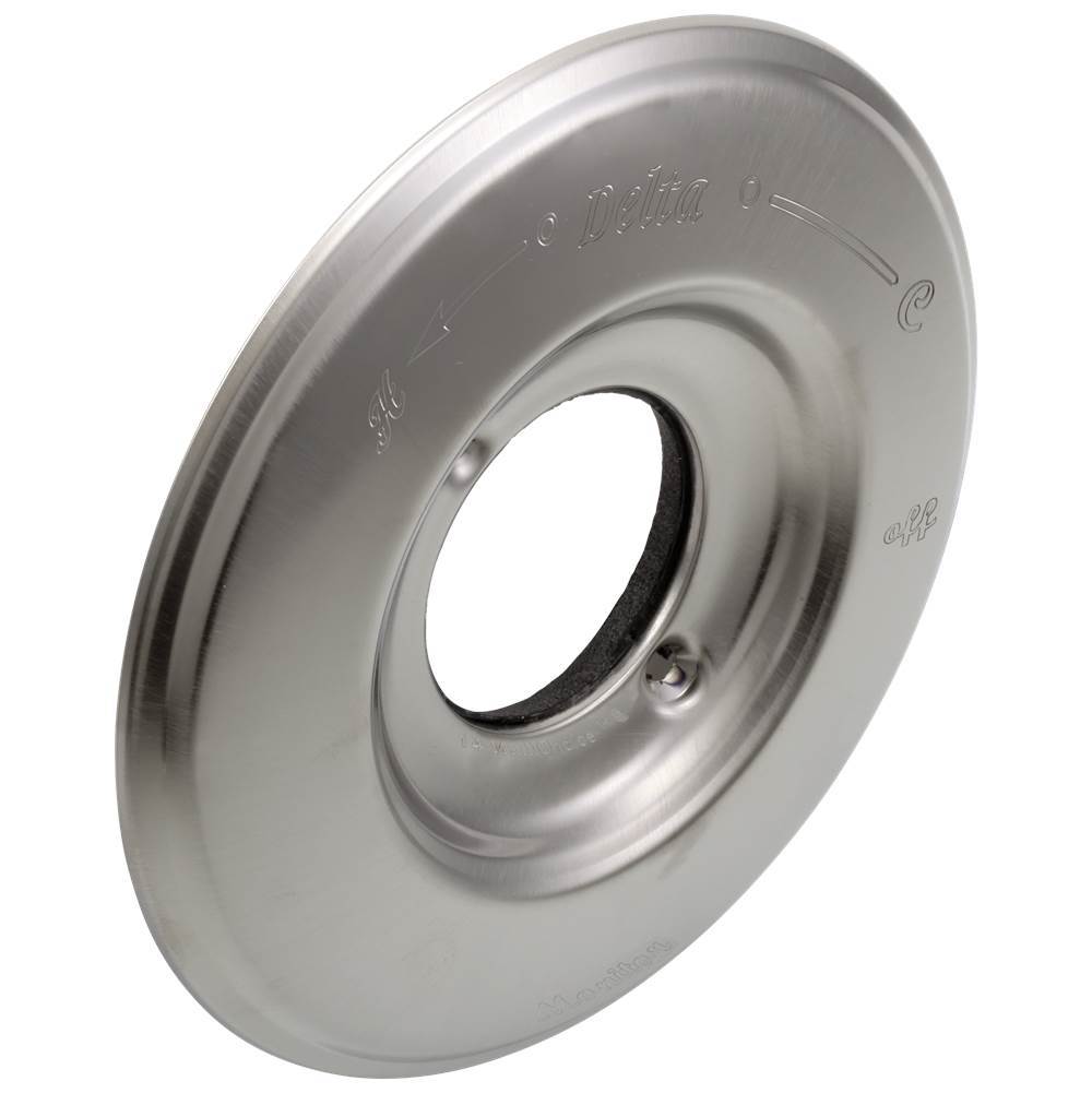 Chrome finish round escutcheon plate with central opening and mounting hole.