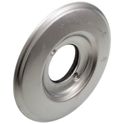 Chrome finish round escutcheon plate with central opening and mounting hole.