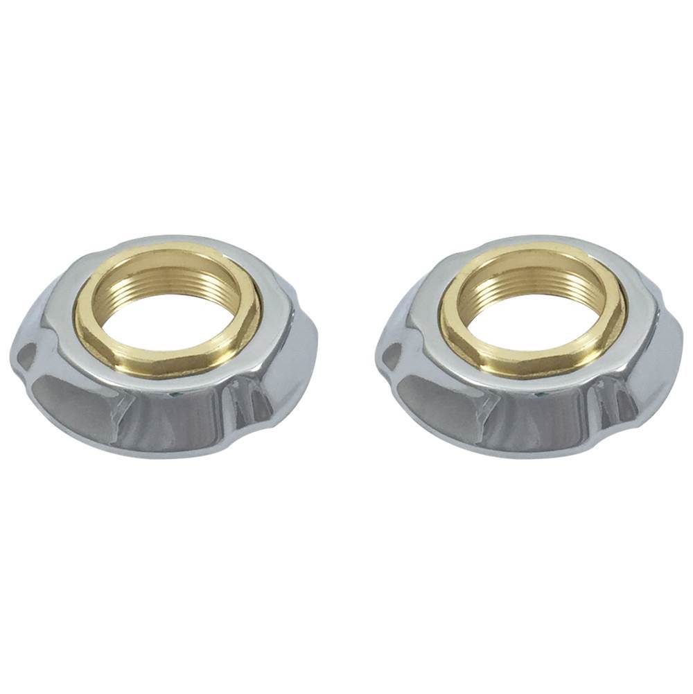 Two stainless steel flange assemblies with brass threaded inserts and ribbed bases.
