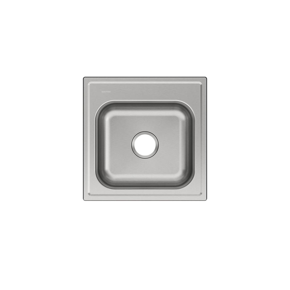 Stainless steel square drop-in laundry sink with single bowl and single drain hole, viewed from above.