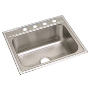 Stainless steel single bowl drop-in sink with five holes along the rim for faucet installation.
