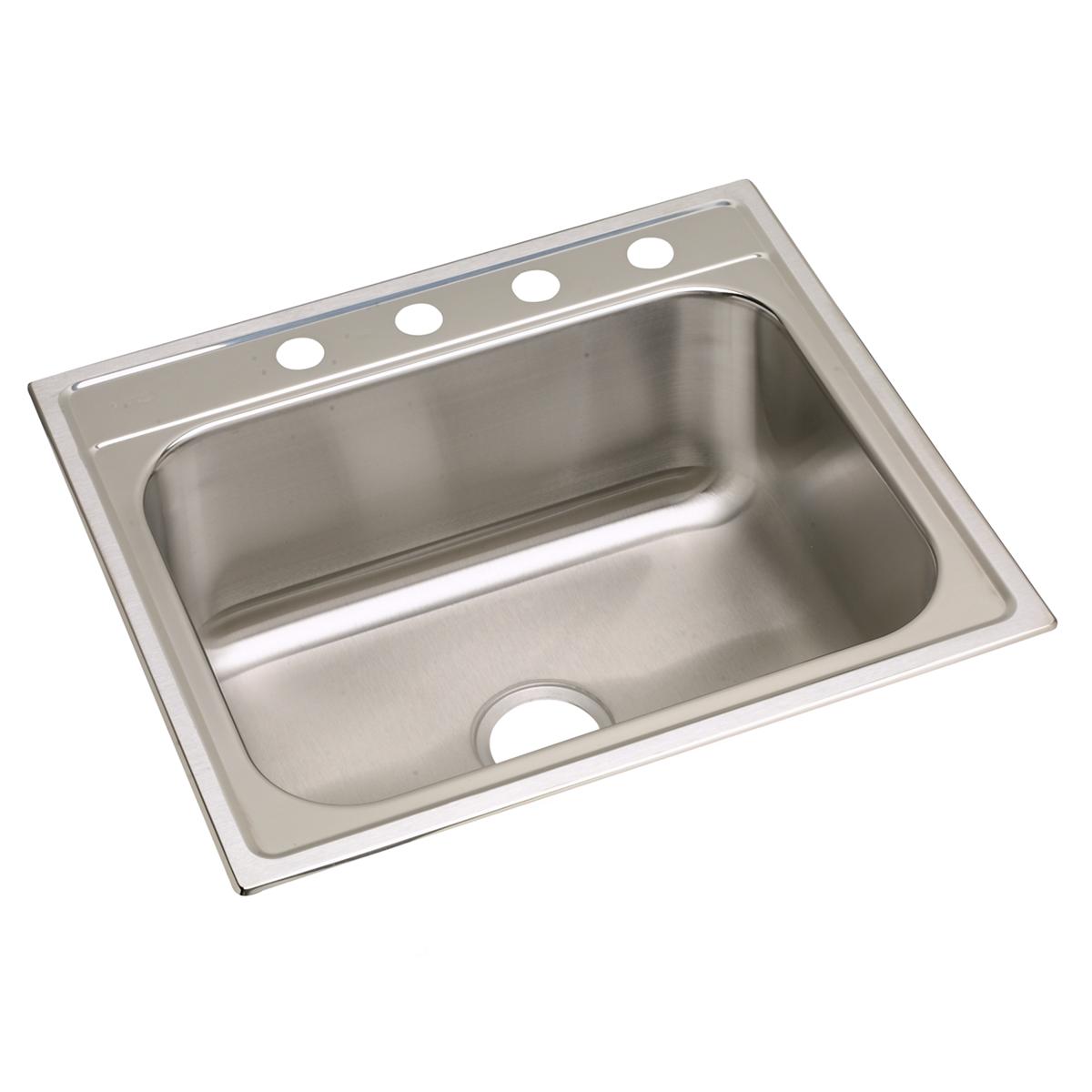Stainless steel single bowl drop-in sink with four mounting holes along the rim.