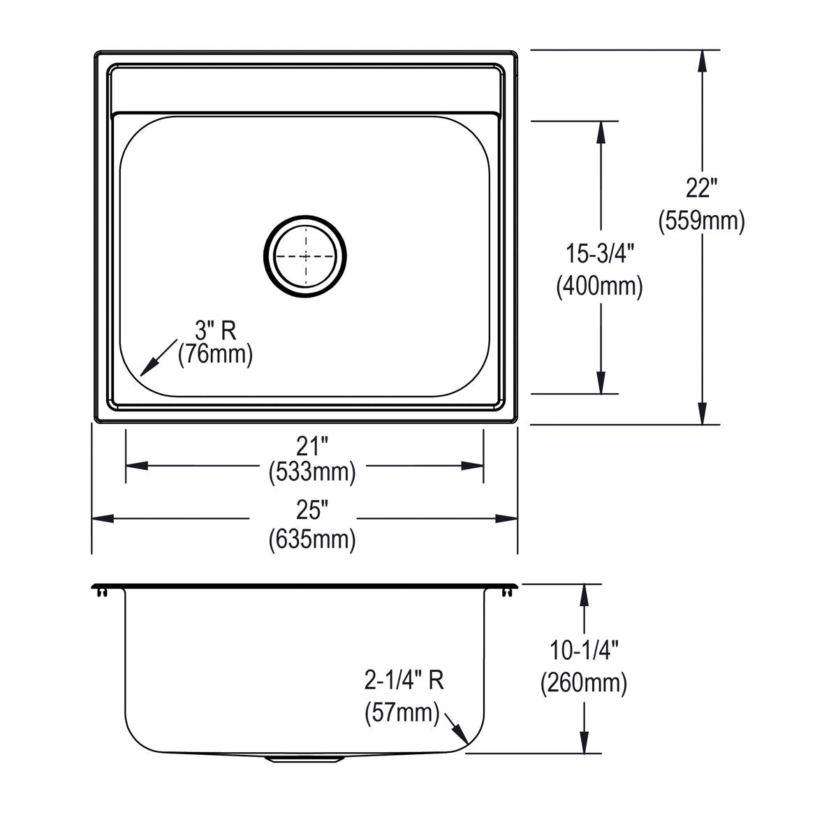 Stainless steel drop-in sink with single bowl, rounded corners, and three mounting holes, shown in top and side views with di