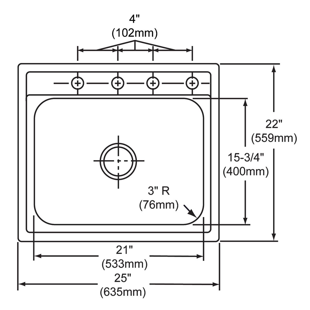 Stainless steel drop-in sink with single bowl, rounded corners, and four pre-drilled holes along rim for faucet mounting.