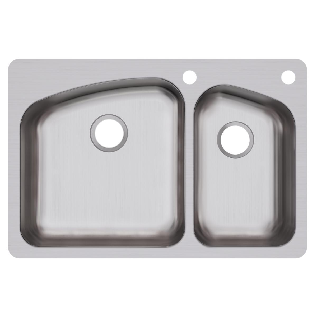 Stainless steel double bowl sink with larger left bowl and smaller right bowl, two faucet holes visible on rim.