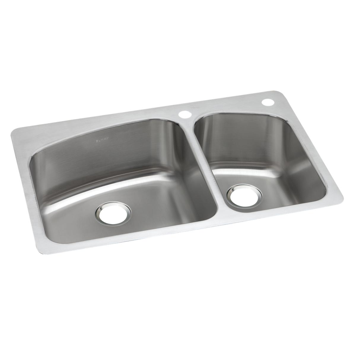 Stainless steel double bowl kitchen sink with white rim and three pre-drilled holes for faucet mounting.
