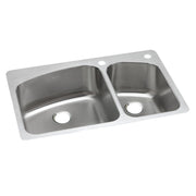 Stainless steel double bowl kitchen sink with white rim and two drain holes on top rim.
