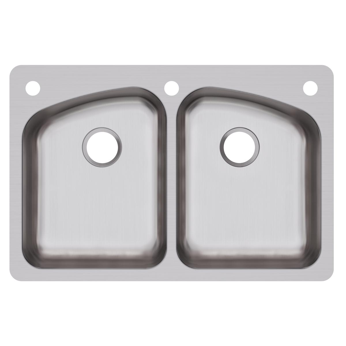 Stainless steel double bowl kitchen sink with two equal-sized basins, drain holes, and three mounting holes across top rim.
