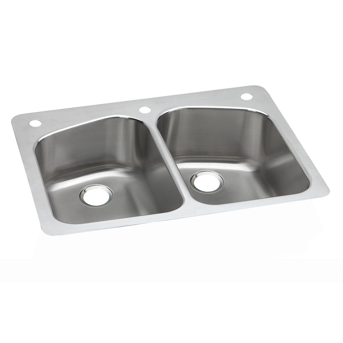 Stainless steel double bowl kitchen sink with two equal-sized basins and three mounting holes on white rim.