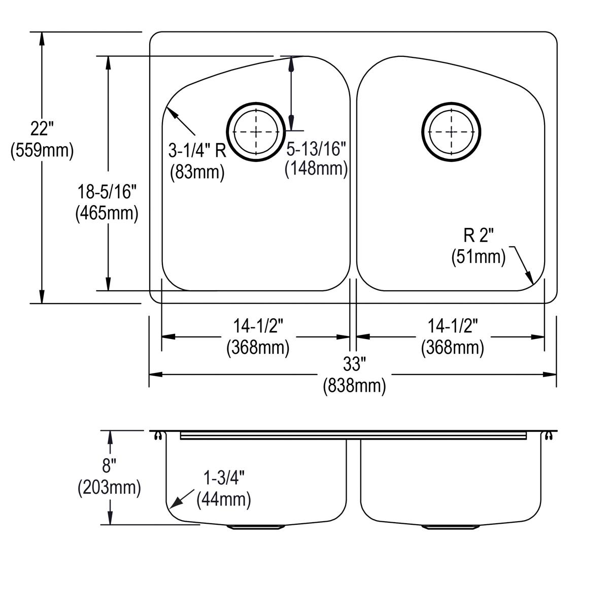 Stainless steel double bowl sink with two equal-sized basins, top and side view dimensions shown.