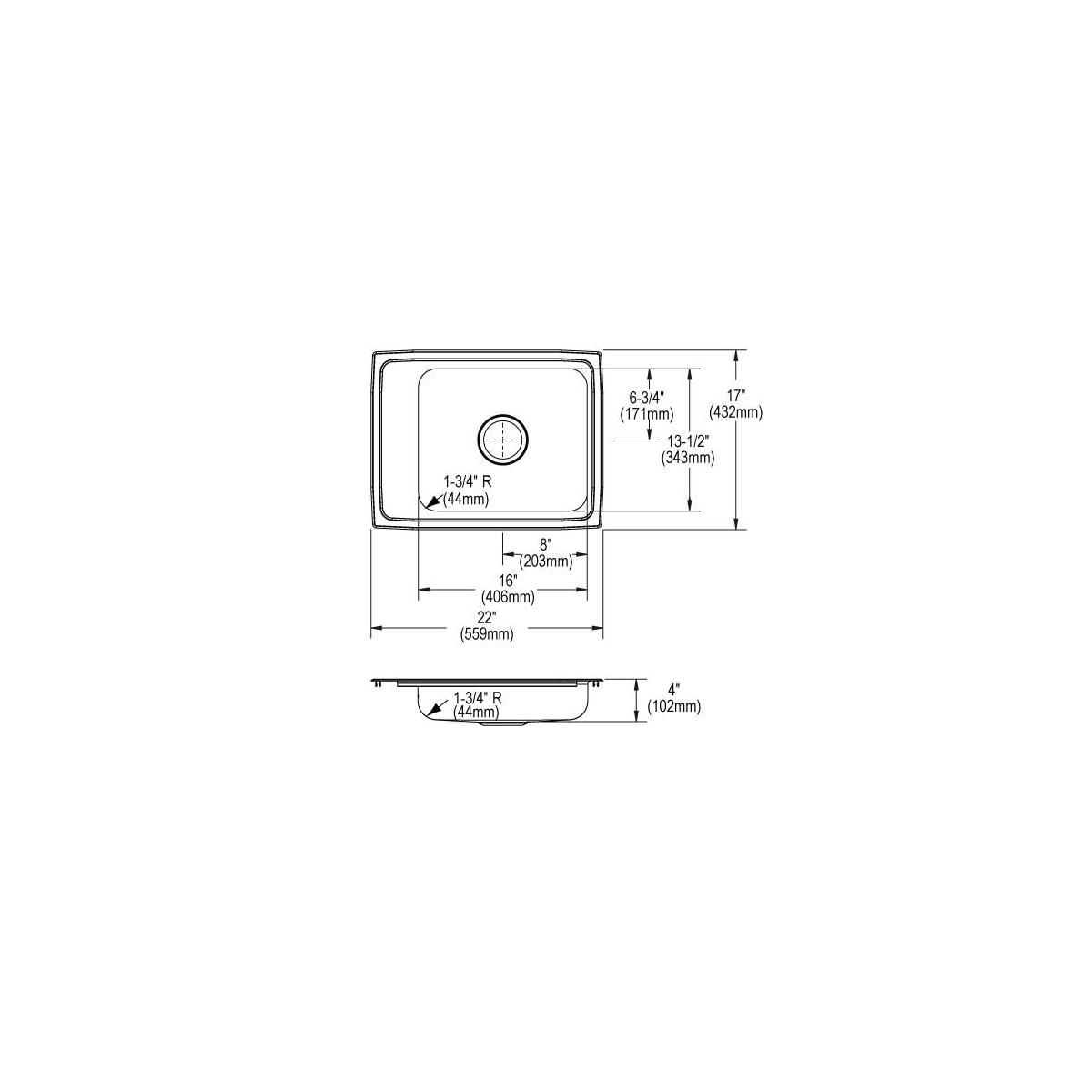 Stainless steel drop-in sink with single bowl and technical dimension specifications shown in top and side views.