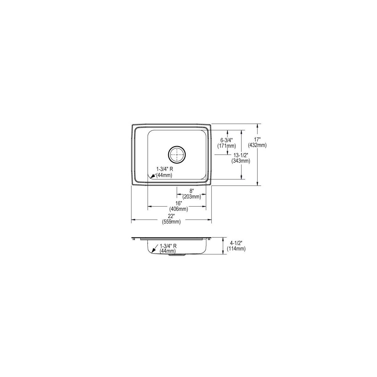 Stainless steel drop-in sink with single bowl, two mounting holes, and rounded corners shown in top and side technical views 