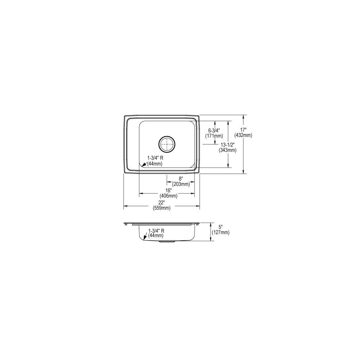 Stainless steel single bowl drop-in sink with two holes, shown in top and side technical drawings with dimensions.