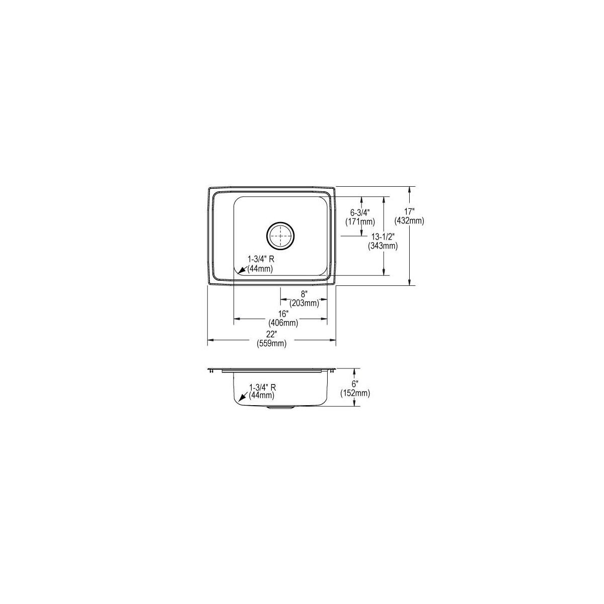 Stainless steel drop-in sink with single bowl, two faucet holes, and rounded corners shown in top and side technical drawings